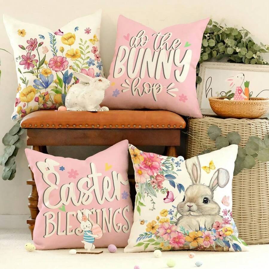 Bộ 4 vỏ gối hình thỏ Phục Sinh, họa tiết thỏ dễ thương và hoa, trang trí nhà mùa xuân, vỏ gối in một mặt bằng polyester, quà tặng trang trí Phục Sinh, thích hợp cho phòng ngủ, phòng khách, ghế sofa, giường, ghế, có khóa kéo, không bao gồm ruột gối. - Hồng - Xem 1