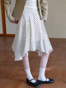 Chân váy midi xòe bất đối xứng chấm bi dáng casual dành cho nữ với chi tiết bèo nhún, hoàn hảo cho vẻ ngoài sang trọng khi dự tiệc. Mùa xuân - Đen và trắng - Xem 5