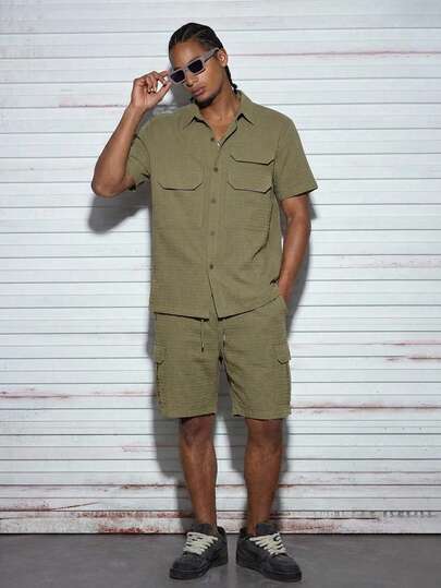 Modcrash Men's Solid Color Cargo Pocket Short Sleeve Shirt And Shorts 2 Pieces Casual Set Spring To Summer