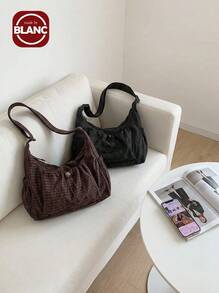 Plaid Women's Shoulder Bag, Casual Versatile Foldable Zipper Closure Adjustable Strap Tote Bag, Suitable For Daily Use, School/College Students, Simple & Cute Pleated Multi-Pocket Drawstring Front Pocket Cloth Bag - Multicolor - View 2