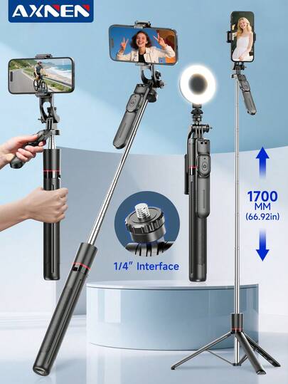 AXNEN 170CM Selfie Stick Travel Tripod, Balanced And Stable 360° Rotation Shooting Selfie Stick Tripod, With Wireless Remote Shutter, Detachable Cell Phone Holder, Versatile Extended Extendable Cell Phone Tripod, Compatible With All Cell Phones For Phone Selfies, Video Recording, Vlogging, Live Streaming