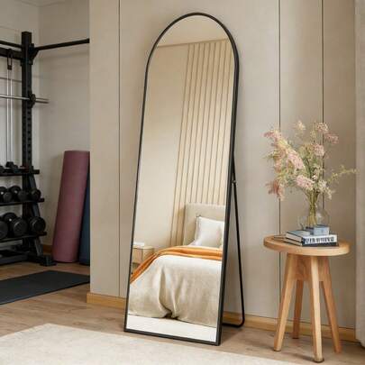59"X16" High-Quality Arched Full Length Mirror, Aluminum Alloy Frame Ensures Stability, Standing Design For Bedroom, Black