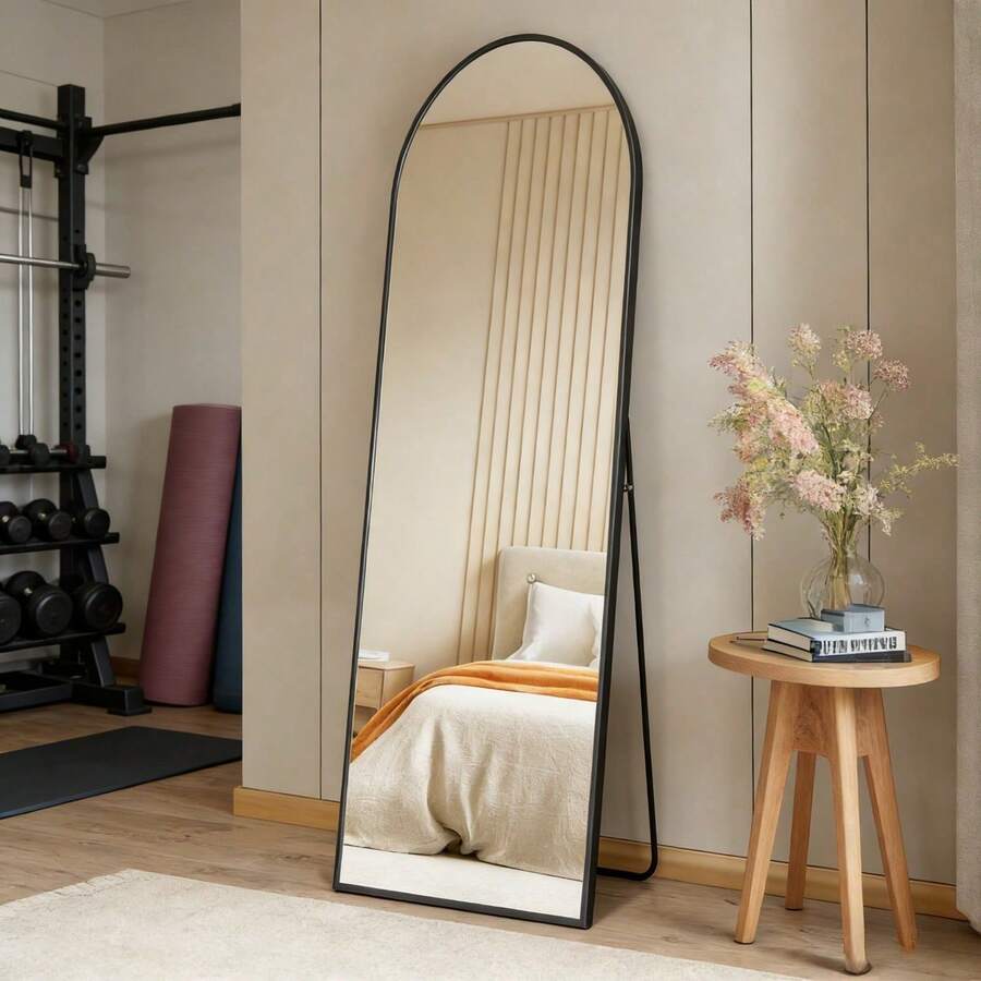 59"X16" High-Quality Arched Full Length Mirror, Aluminum Alloy Frame Ensures Stability, Standing Design For Bedroom, Black - Black-arched - View 1