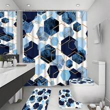 4pcs Blue Bathroom Set, Geometric Pattern Shower Curtain Set, Modern Art Style Shower Curtain With 12 Hooks, Bathroom Rug, Bathroom Non-Slip Mat And Toilet Mat - A - View 3