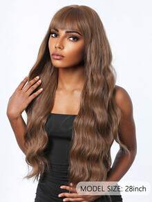 Peluca sintética de cabello largo y rizado con flequillo de 30 pulgadas con reflejos - Peluca resistente al calor de aspecto natural para uso diario, fiestas, citas y cosplay - Marrón - Ver 3