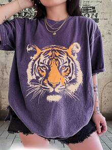 High-Quality Women'S Washed T-Shirt Featuring A Vintage Tiger Print, Perfect For Casual Summer Outings And Beach Wear. This Stylish Graphic Tee Showcases An Animal Design, Making It A Comfortable And  Choice For Daily Wear In Ladies' Street Fa - 紫色 - 查看 8