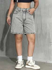Quần short denim dáng casual đa năng cho nữ tuổi teen, có túi và cúc. - Xám - Xem 5