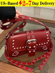 Gothic Burgundy Crossbody Bag With Silver Buckle & Stud Details | Punk Rock Faux Leather Shoulder Purse For Women | Vintage Grunge Edgy Adjustable Strap Bag | Y2K Gothic Clutch Bag For Concerts, Daily Wear & Alternative Style (Fast Delivery) Unleash Your Inner Rebel With This Striking Gothic Burgundy Crossbody Bag! Crafted From High-Quality Faux Leather, This Statement Piece Features A Structured Rectangular Silhouette Adorned With Edgy Silver Buckle Clasps, Metal Studs, And Grommet Details For A Bold Punk-Inspired Look. The Adjustable Shoulder Strap Allows Versatile Wear As A Crossbody Or Shoulder Bag, While The Rich Oxblood Hue Adds A Touch Of Vintage Grunge Charm. Perfect For Concerts, Festivals, Streetwear Outfits, Or Adding An Alternative Edge To Your Everyday Style. Spacious Enough To Carry Your Phone, Wallet, And Essentials-This Y2K-Inspired Bag Is A Must-Have For Anyone Who Loves Dark Academia, Rocker Chic, Or Gothic Fashion. Shop Now And Stand Out With Confidence! - 彩色 - 查看 1