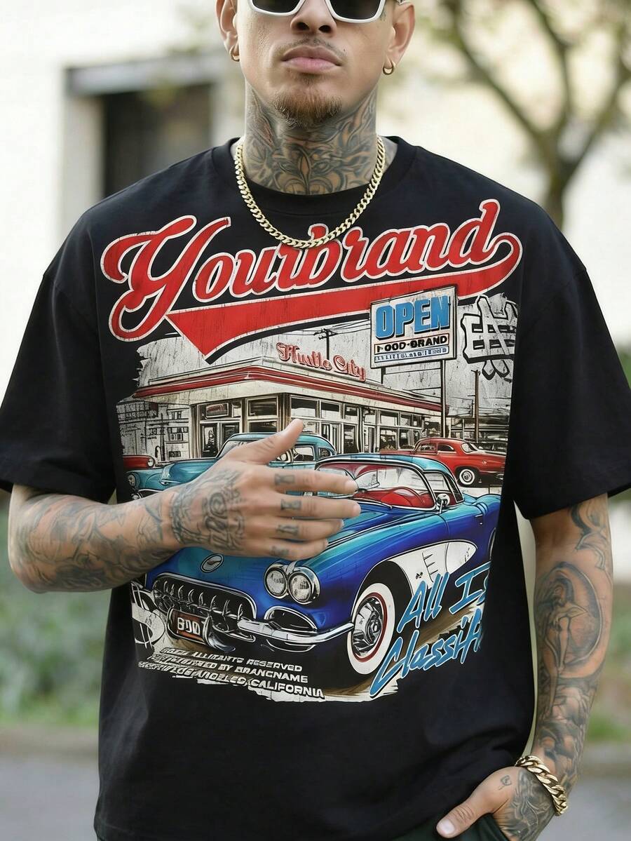 男士休闲百搭简约印花短袖T恤 - 黑色 - 查看 1