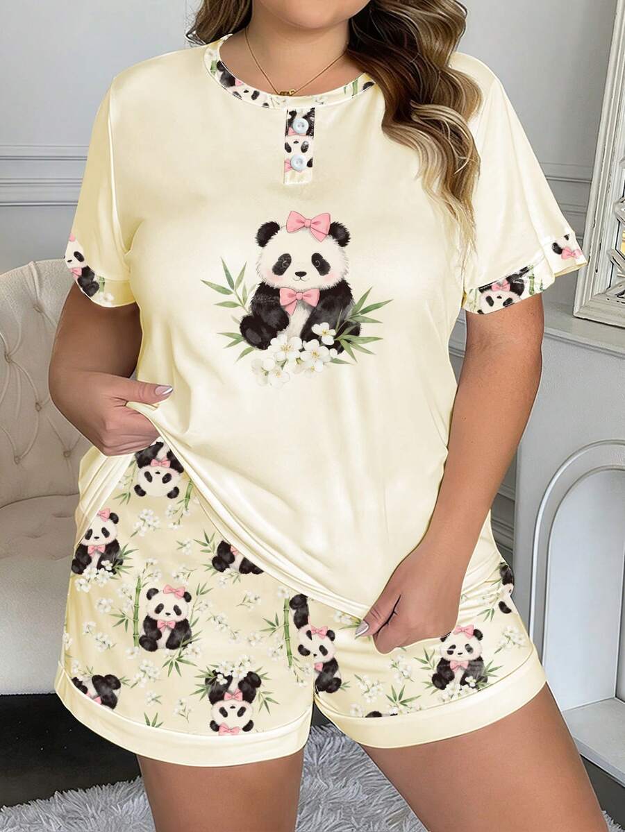 Plus Size Women's Fashion Sleepwear Set, Patchwork Design Faux Button, Ink Painting Panda & Bamboo Print Round Neck Short Sleeve Top + Allover Print Shorts 2 Piece Casual Suit - Multicolor - View 1