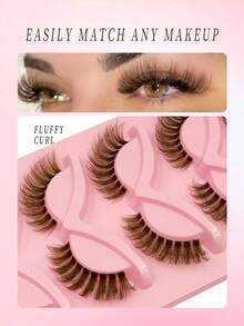Rikuaild 5 Pairs Brown Cat Eye False Eyelashes, Transparent Band Natural Foxy Eyes Brown Faux Mink Lashes Soft & Comfortable, Fluffy Striped False Lashes For Natural Makeup, Eyelash Extension, Christmas & New Year Gift - 眼尾拉長款 - 查看 3