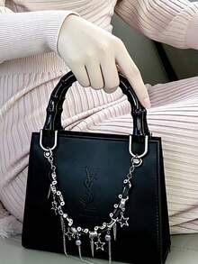 Yves Saint Laurent [Customized Makeup Bag] Black Leather Handbag, Stylish And Unique, Featuring Chain Embellishments; A High-End, Classic, And Versatile Design. - Black - View 7