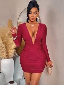 AIJ Amarilo 优雅性感女士短款深V领长袖褶皱修身迷你连衣裙，适合派对和夜间外出，春季款 - 紅色 - 查看 7