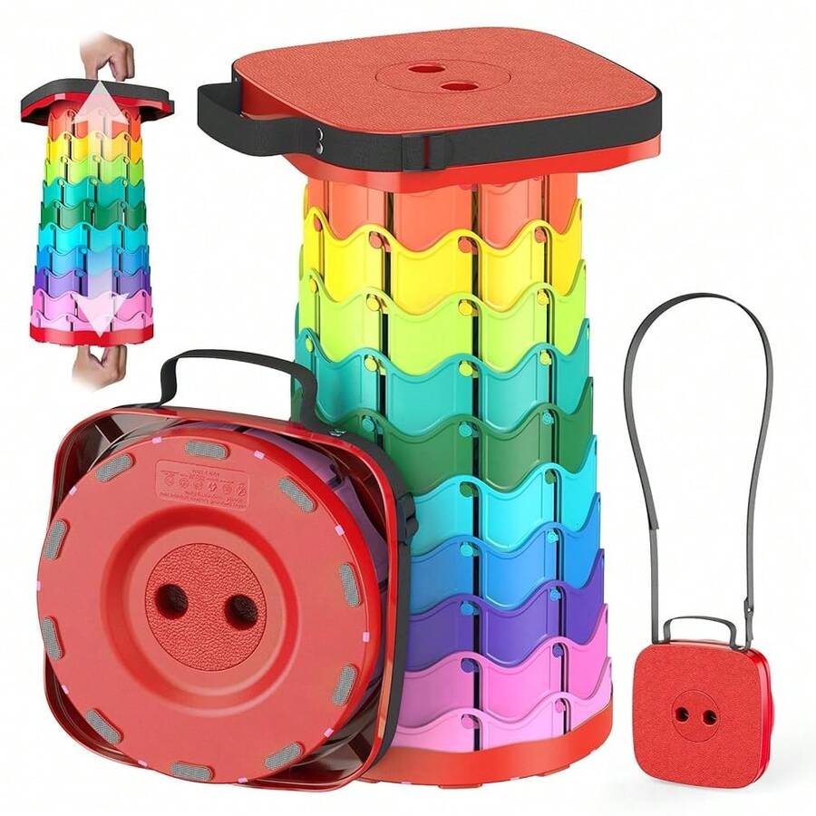 Upgraded Collapsible Stool, Portable Folding Stool, Telescoping Camping Chair With Max Load Capacity 485lbs, Square Retractable Stool For Camping Gardening Fishing HiFKing BBQ [Rainbow+Red] - 方形凳子-紅色彩虹 - 查看 1