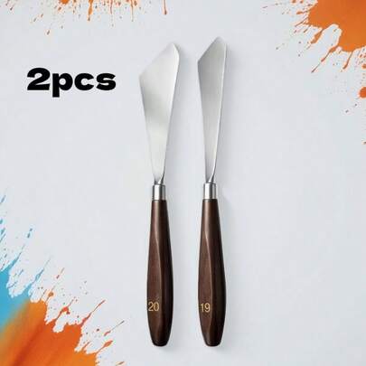 2把木质不锈钢调色刀，颜料刮刀，混合刀片，适用于专业艺术学生、丙烯颜料、水粉颜料、水彩颜料。