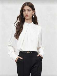Long-Sleeved Top With A High Neck, Asymmetrical Design, Decorative Gathers, Loose Fit, Basic, Minimalist, Elegant, Chic, Casual Office Wear, Suitable For Teachers, Office, Weddings, Concerts. No Pleating. - 白色 - 查看 1