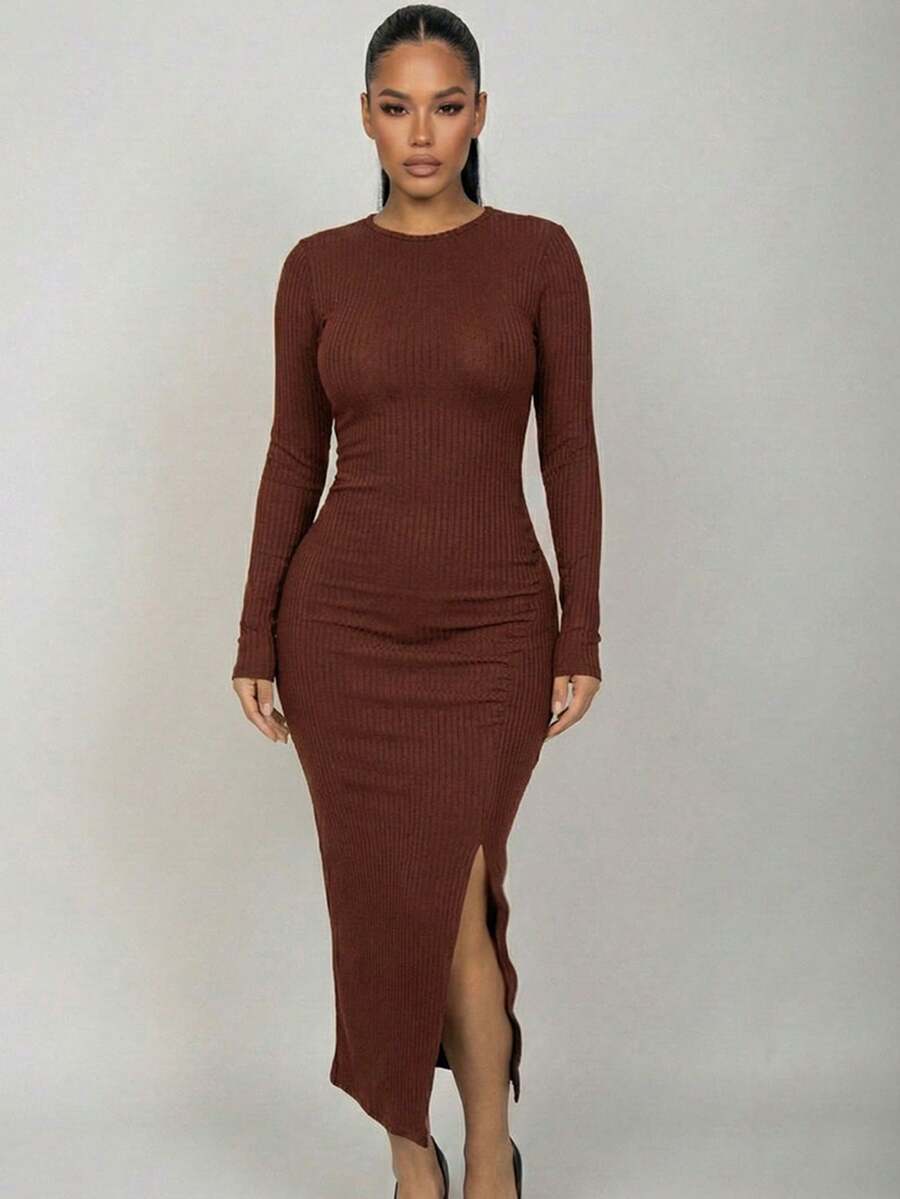 Sleek Women's Rib Knit Long Sleeve Maxi Dress Ruched Lettuce Trim Round Neck Asymmetrical Hem Bodycon Style - Coffee - View 1