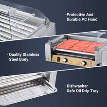 Parrilla Eléctrica de Rodillos para Hot Dogs – 5 Rodillos de Acero Inoxidable, Capacidad para 12 Salchichas, 750W de Alta Potencia, Bandeja de Goteo Extraíble, Estante Protector de PC – Ideal para Fie - Plateado - Ver 7