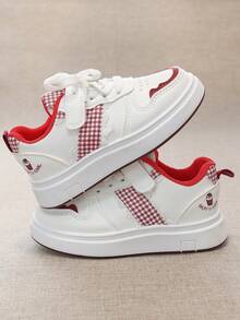 1 双 2026 新款儿童休闲运动鞋，白色鞋面，浅粉色点缀，格子布拼接设计 - 紅色 - 查看 4