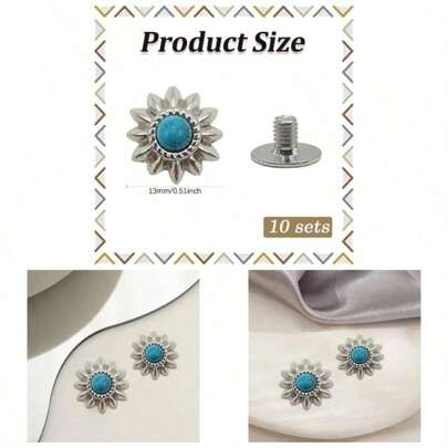 10Pcs 13MM Screw Back Metal Rivets Leather Rivet Studs Imitation Turquoise Decorative Sunflower Shape Button Repair Luggage Shoes Bags Purse Goods Accessories