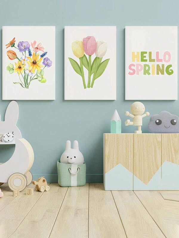 1pc Cuadros Canvas Wall Art - Baby Room Decor - Spring Theme Print, Adorable Spring Gallery Wall Decor, Printable Spring Wall Art, Floral Spring Art, Watercolor Spring Wall Decor - Framed Nursery Wall Art Perfect For Playroom Decor Nursery Decor, Daycare Decor, Preschool Decor, Boy's Room Decor Girl's Bedroom Decor Children's Room Decor Easter Wall Art, Nursery Spring Decor, Easter Kids Room Posters, Spring Decor Posters