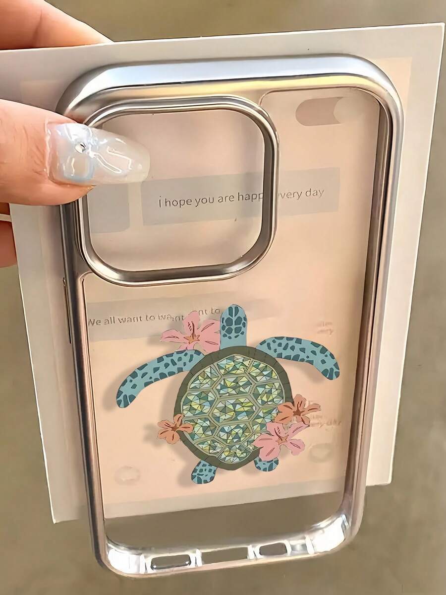 1个电镀透明花龟图案极简全包覆TPU防震手机壳，兼容苹果17、16、15、14、13、12、11 Pro Max、Air - 彩色 - 查看 1