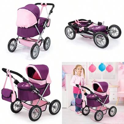 Bayer:  Pram - Purple Pink - Includes Shoulder Bag Fits Dolls Up To 18 Adjustable Handle Pretend Play Shopping BasketChildren's Joyful Games, Essential Toys For Children