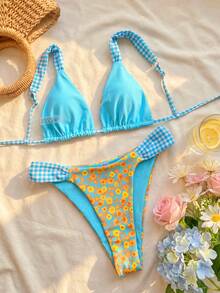 Swim Mod New Year & Valentine's Day Women's Summer 2 Pieces Bikini Set - Reversible Random Floral Print, Beach Vacation Swimwear - Blue - View 1