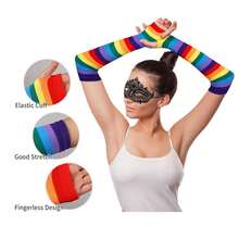Benefeet Sox Womens Rainbow Striped Knee High Thigh High Socks Arm Warmers Set Fingerless Gloves Halloween Costume - 紫色彩虹條紋 - 查看 4