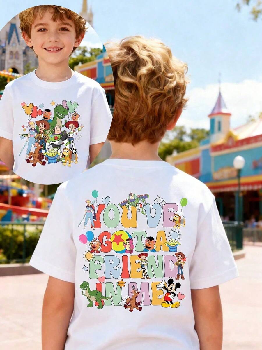 Disney Boys' T-Shirt, Toy Story Alphabet Double-Sided Print, Summer Boys' Cotton Crew Neck Short Sleeve, Suitable For Everyday Wear, Holidays, Outdoor Activities, And As A Gift For Children. - 白色 - 查看 1