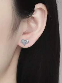 2pcs Minimalist Luxury 925 Sterling Silver Earrings With 1.5mm X 34pcs Moissanite Heart Design, Suitable For Women's Daily Wear, Party, Holiday, Valentine's Day, Mother's Day, Wedding Anniversary, Women's Jewelry Gift - Silver - View 2