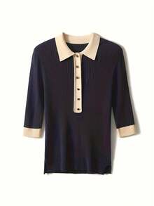 女士春夏复古时尚街头风优雅针织上衣，翻领修身毛衣，半拉链撞色休闲通勤衬衫 - 藏蓝色 - 查看 8