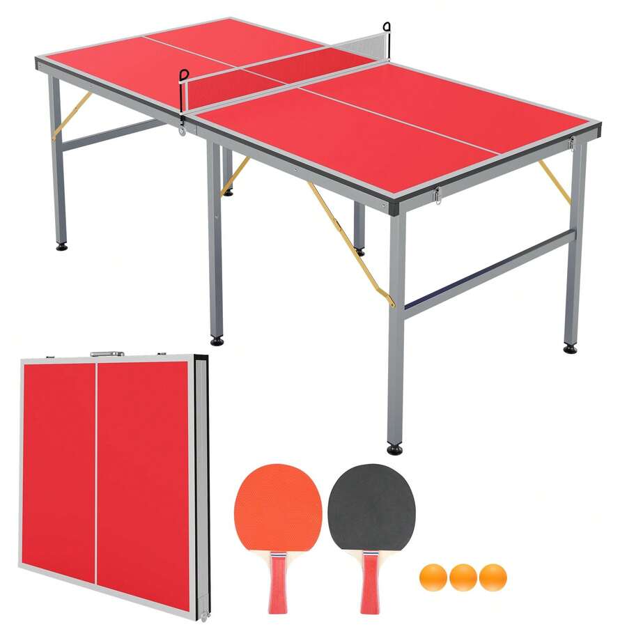 Mesa de Ping Pong Portátil Profesional 6X3 ft, Tenis de Mesa Interior y Exterior con Red de Juego | Incluye 2 Paletas de Tenis de Mesa y 3 Pelotas, Montaje Rápido, para Adultos y Adolescentes - Rojo - Ver 1
