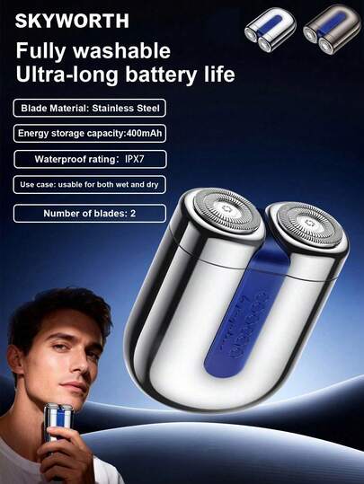  SKYWORTH/COOCAA Electric Shaver, 400mAh Large Capacity Battery, IPX7 Waterproof, Wet & Dry Use, Fully Washable, 2 Stainless Steel Blades, One-Touch Instant Start, Available In Silver And Gray, Suitable For Showering, Reduces Skin Irritation, Ideal For Travel, Camping, Gym, Office, Bathroom, Bedroom And More