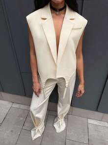 Áo vest không tay nữ dáng suông, chất liệu không co giãn, thích hợp mặc công sở, thời trang không tay thiết kế độc đáo, ve áo xếp ly dáng suông cho nữ mặc đi làm hàng ngày (JH25171) Mùa hè - Màu be - Xem 5