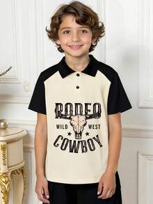 1pc Tween Boys' Casual Printed Polo Collar Short Sleeve T-Shirt Childlike Five-Pointed Star Black Bull Head Cartoon Print Pullover Polo Collar Boys Clothes Kids Spring And Summer New - Apricot - View 7