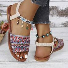 Giày sandal đế bằng kiểu La Mã Bohemian đính đá lấp lánh, thích hợp phối cùng chân váy, phù hợp cho mùa hè. - Đỏ - Xem 13