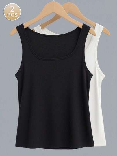 2 piezas Camiseta de tirantes de mujer de cuello cuadrado de unicolor, estilo minimalista versátil y casual, tela suave y cómoda, adecuada para usar en primavera/verano