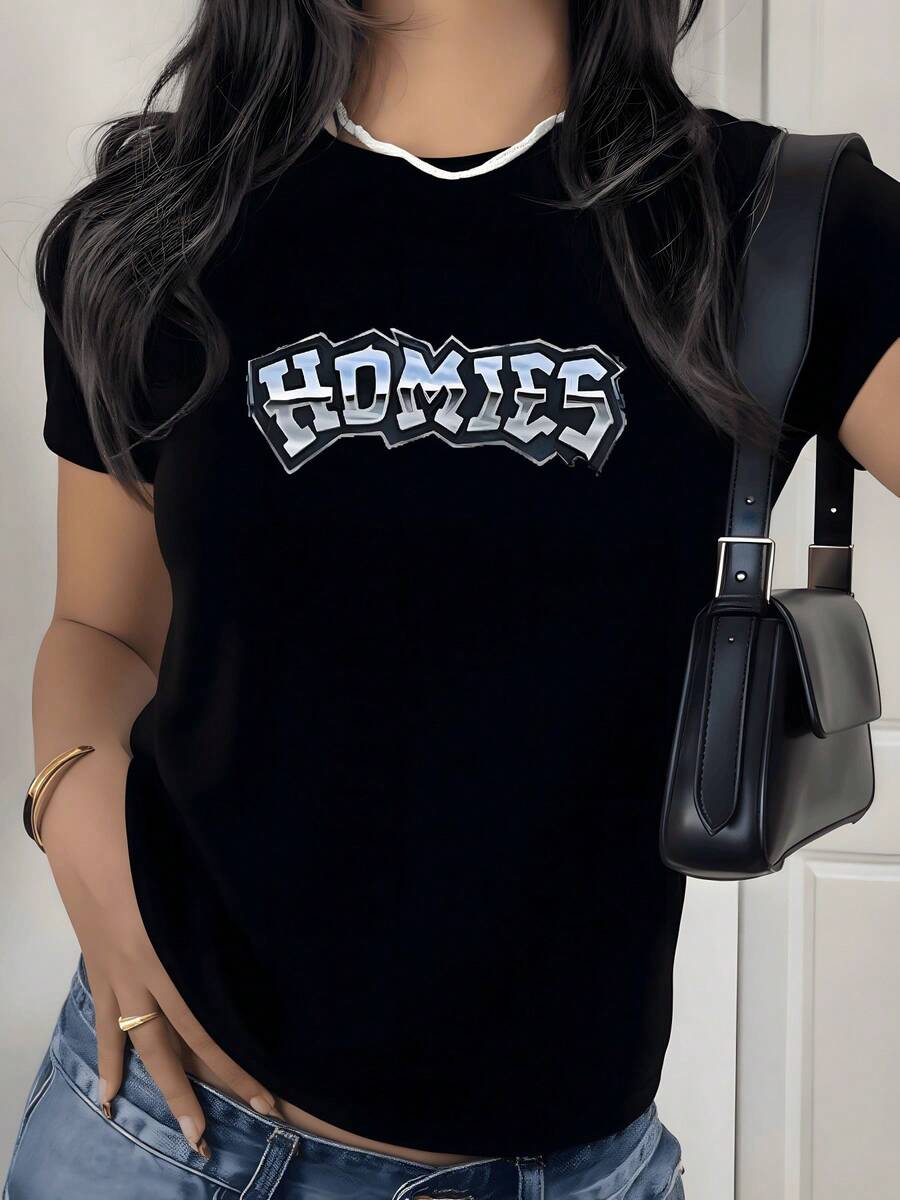 Street Style Homies Graphic Print T Shirt 220g 1pcs Urban Letter Women's Casual 100% Cotton Tee Vintage Hip Hop Look - 黑色 - 查看 1