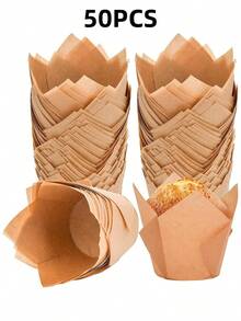 50/100/200pcs Natural Tulip Cupcake Liners, Unbleached European Style Baking Cups, Tulip Cupcake Wrappers, Party & Christmas Cake Cups - Wood Color - View 7