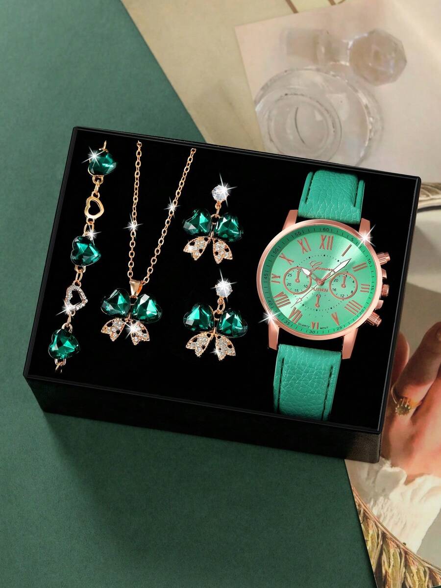 女士时尚简约三眼罗马数字石英手表套装，适合派对、婚礼、海滩度假、情人节等场合（不含手表盒）。 - 彩色 - 查看 1