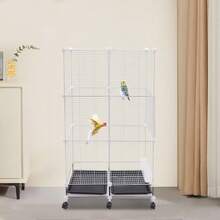 SanBouSi Large 3-Tier Bird Cage With Wheels & Brakes, 360° Full View 29.5"X14.6"X49.2" Aviary For Parrots Finches, Complete With Feeders & Perches - White and Black - View 4