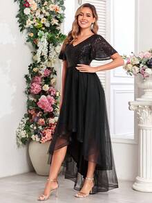 V领亮片拼接高低摆网纱女士鸡尾酒礼服，黑色优雅正式晚礼服，适合婚礼宾客、毕业典礼、正式晚宴、节日派对等场合。 - 黑色 - 查看 6