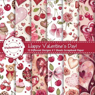 12pcs Sweet Cherry Floral & Hearts Scrapbook Paper Pad - Romantic Love Theme Valentine's Day Craft Paper For Card Making, Journaling, Photo Albums & Craft Projects, Scrapbooking Supplies