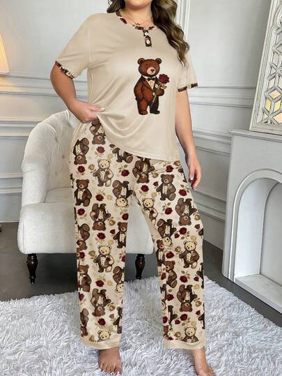 Bộ đồ ngủ thời trang cỡ lớn dành cho nữ, thiết kế chắp vá với cúc giả, áo tay ngắn in hình gấu và hoa hồng hoạt hình cổ điển + quần in họa tiết toàn thân, bộ đồ mặc nhà thường ngày 2 mảnh