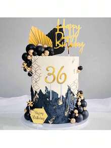 44pcs Bohemian Style Black & Gold Foam Ball Cake Decorations, Faux Palm Leaf Folding Fan, Gold Number 0-9, Happy Birthday Cake Toppers, Baptism Wedding Anniversary Bachelor Party Retirement Party Men's Black & Gold Theme Birthday Cake Decor (Please Use With Sticks) - Multicolor - View 1