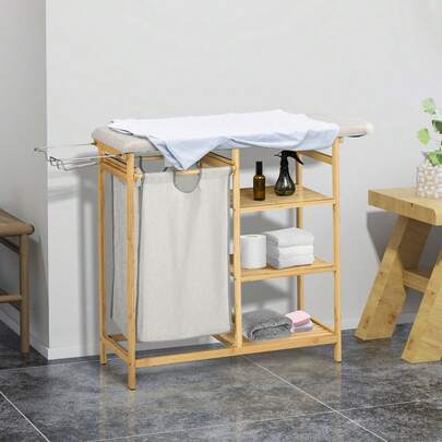 57.4 L Laundry Basket With Ironing Board And Iron, Laundry Box With 3-Tier Shelf, Removable And On-Site Removable Bag
