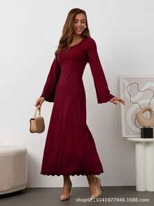 [excelente]Ropa de mujer otoño suelta cuello u enrollado borde trasero atado vestido de manga larga niños - Burdeos - Ver 4