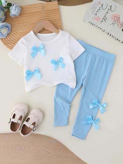 女童罗纹蝴蝶结装饰短袖上衣+蓝色蝴蝶结装饰长裤，休闲套装，适合日常穿着