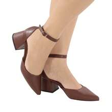 Women's Medium Block Heel Stiletto Sandal With Buckle Back And Pointed Toe, Comfortable For Work - Óxido marrón - Ver 7
